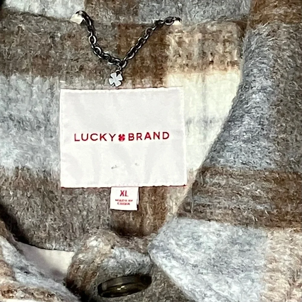 Lucky Brand Plaid Shacket Womens XL Grey Brown Oversize‎ Shirt Jacket New
